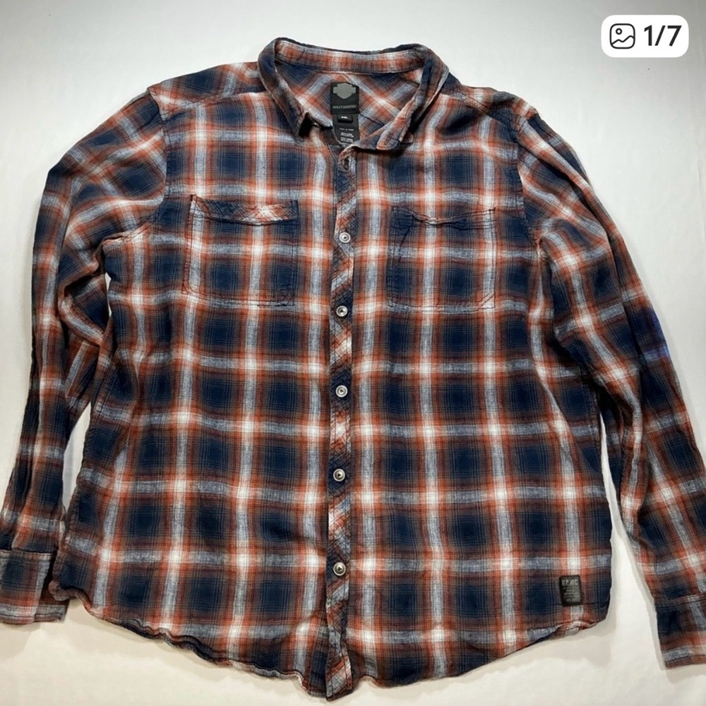 Harley-Davidson Ladies 2XL Plaid Button Down Shirt, Orange & Blue, Casual, Biker